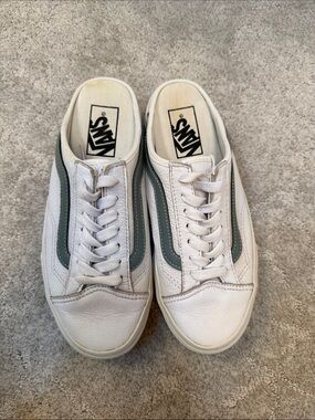 Vans White Leather Slip-On Sneakers with Green Side Stripe